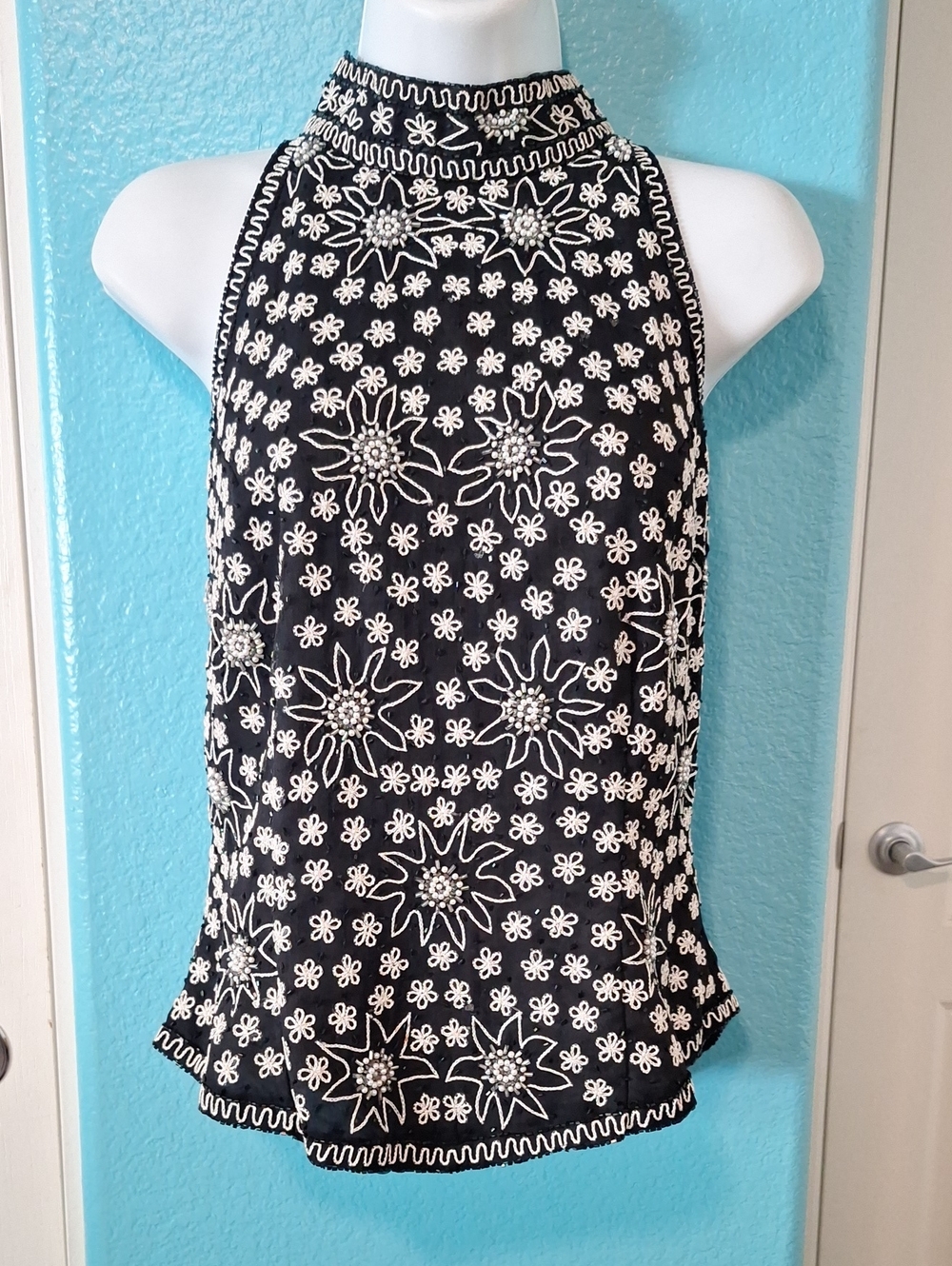 Chaundry Black & White Vintage Silk Beaded  Embroidered Halter Neck Top Sz M